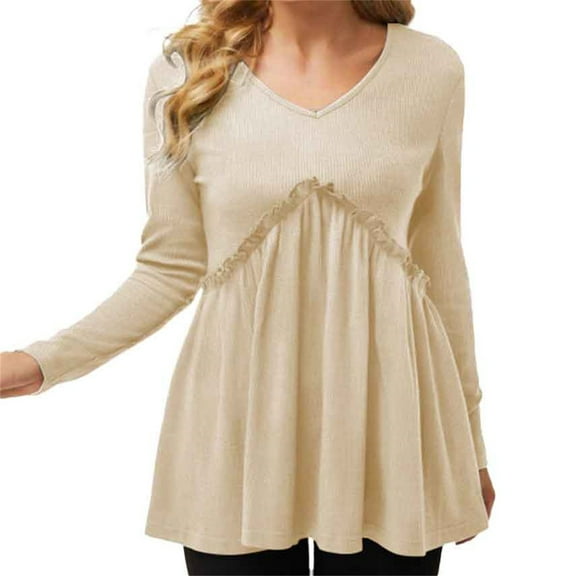 Holzkary Womens Long Sleeve Shirts V Neck Loose Fit Tunic Tops Babydoll Top Flowy Dressy Casual Blouse Pleated T-Shirt Loose and Sued Folded Loose V Neck T Shirt Fashion Top Khaki Xxl