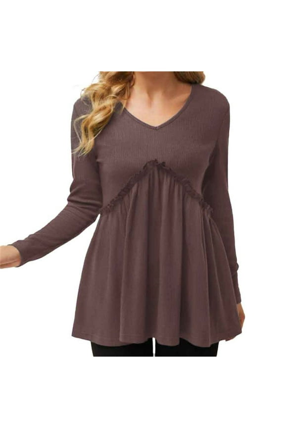 Womens Long Sleeve Shirts V Neck Loose Fit Tunic Tops Babydoll Top Flowy Dressy Casual Blouse Pleated T-Shirt Loose and Sued Folded Loose V Neck T Shirt Fashion Top A L