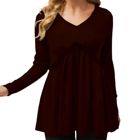 Holzkary Womens Long Sleeve Shirts V Neck Loose Fit Tunic Tops Babydoll Top Flowy Dressy Casual Blouse Pleated T-Shirt Loose and Sued Folded Loose V Neck T Shirt Fashion Top Wine S