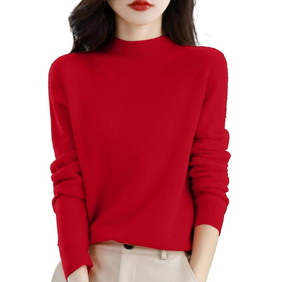 Holzkary Womens Mock Neck Long Sleeve Knit Sweaters Turtleneck Casual Lightweight Fall Pullover Sweater Turtleneck Sweater Solid Color Pullover Base Shirt Autumn Winter Warm Loose Sweater Red Xl