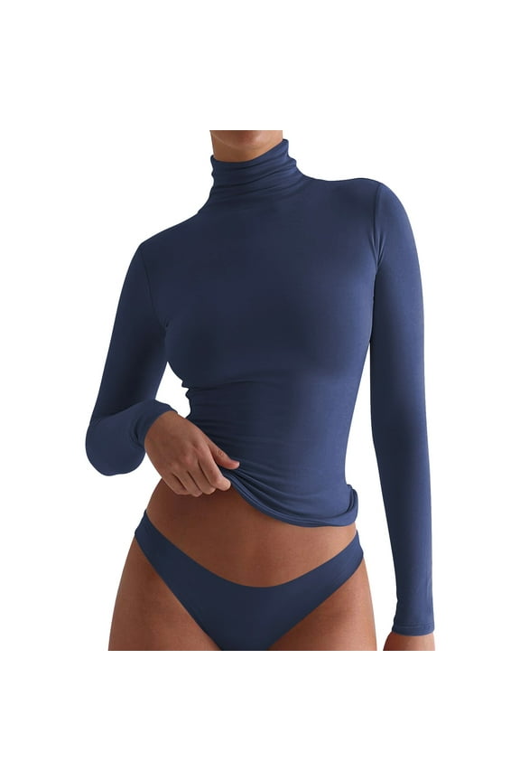 Womens Mock Neck Long Sleeve T Shirts Seamless Tops Turtleneck Slim Fitted Fall Winter Top Basic Clothes 2025 Women's New Advanced Sense Slim Fashion Pure Wind High Neck Base Top Blue S