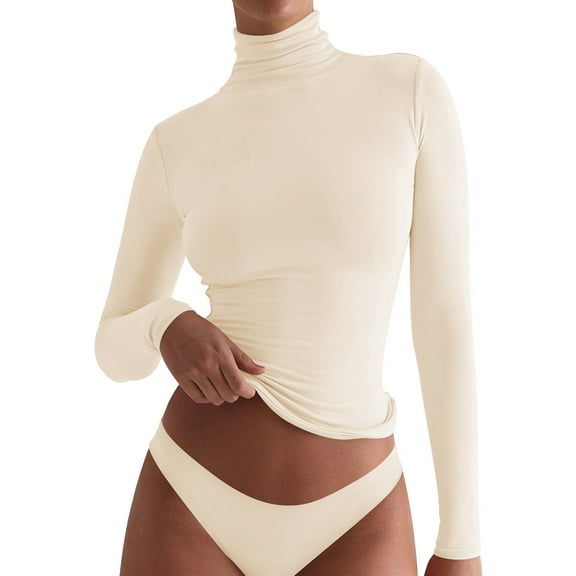 Holzkary Womens Mock Neck Long Sleeve T Shirts Seamless Tops Turtleneck Slim Fitted Fall Winter Top Basic Clothes 2025 Women's New Advanced Sense Slim Fashion Pure Wind High Neck Base Top Beige M