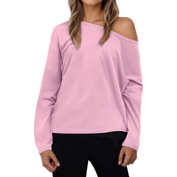 Holzkary Womens Oversized One Shoulder Asymmetrical Neck Long Sleeve Basic T Shirts Y2K Tops Fall Winter Clothes Womens Oversized T Shirts 2025 Basic One Shoulder Neck Tee Fall Tops Clothes Pink M