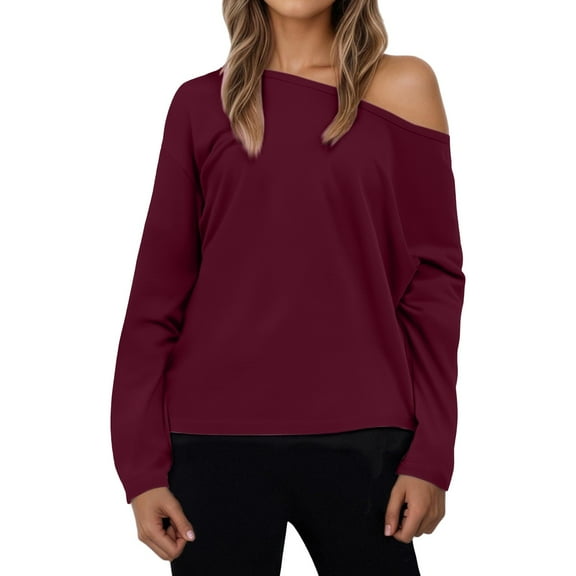 Holzkary Womens Oversized One Shoulder Asymmetrical Neck Long Sleeve Basic T Shirts Y2K Tops Fall Winter Clothes Womens Oversized T Shirts 2025 Basic One Shoulder Neck Tee Fall Tops Clothes Wine Xxl