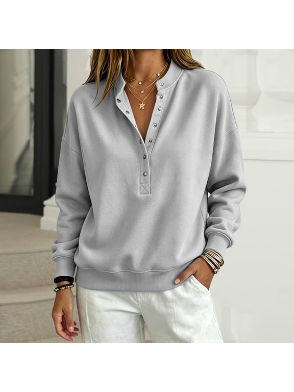 Womens Oversized Sweatshirts with Snap Button Henley Collar,Mock Neck Long Sleeve Pullover Tops,Fall Winter Business Casual Clothes,2026 Trendy Fashion Outfits,Workout Going Out Grey S