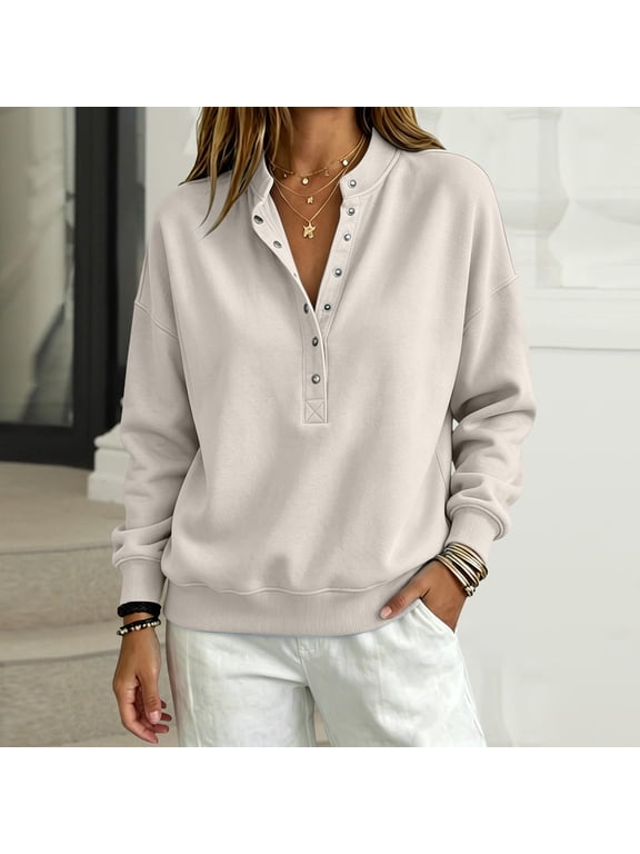 Womens Oversized Sweatshirts with Snap Button Henley Collar,Mock Neck Long Sleeve Pullover Tops,Fall Winter Business Casual Clothes,2026 Trendy Fashion Outfits,Workout Going Out Beige L