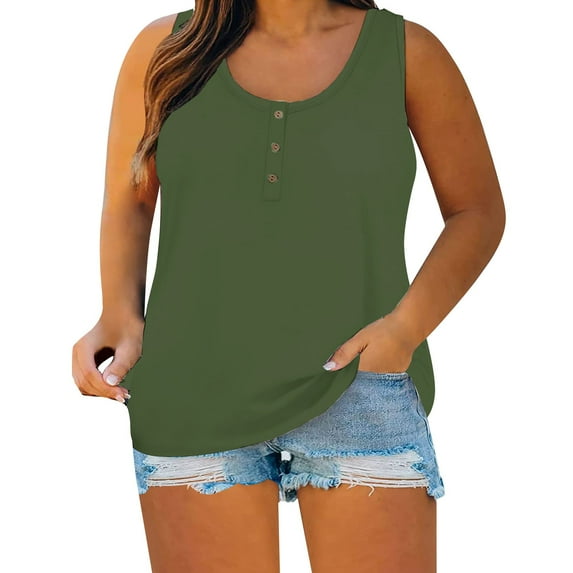 Holzkary Womens Plus Size Tank Tops Summer Sleeveless Henley T-Shirts Tops Casual Button Down Tunics Shirts Summer Sleeveless Printed Plus Size Tank Tops Loose Crew Neck Vest T Shirts Tee Green Xl
