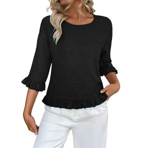 Holzkary Womens Ruffle 3/4 Sleeve Tops Casual Linen Blouses Crew Neck Drop Shoulder Dressy Shirts Fall Outfits Womens Round Neck Tops Casual Linen Blouse Short Sleeve Drop Shoulder Blouses Black L