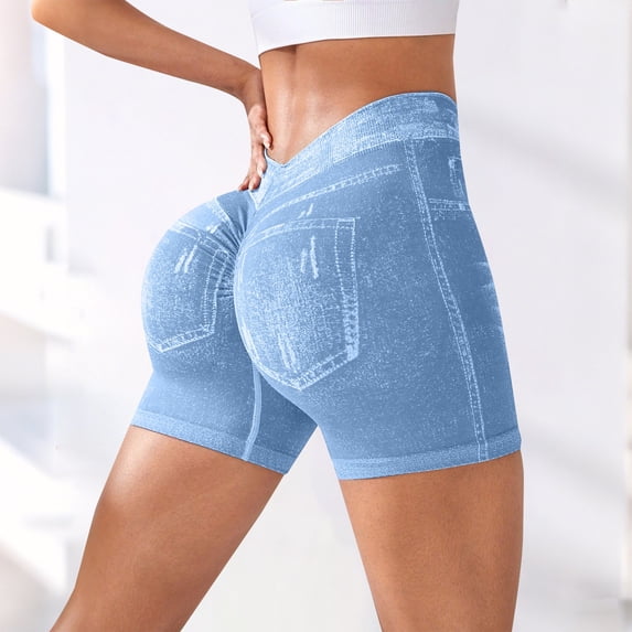 Holzkary Womens Scrunch Butt Lifting Shorts Faux Denim Gym Booty Shorts Seamless High Waist Workout Yoga Biker Jean Shorts scrunch butt shorts Light blue M