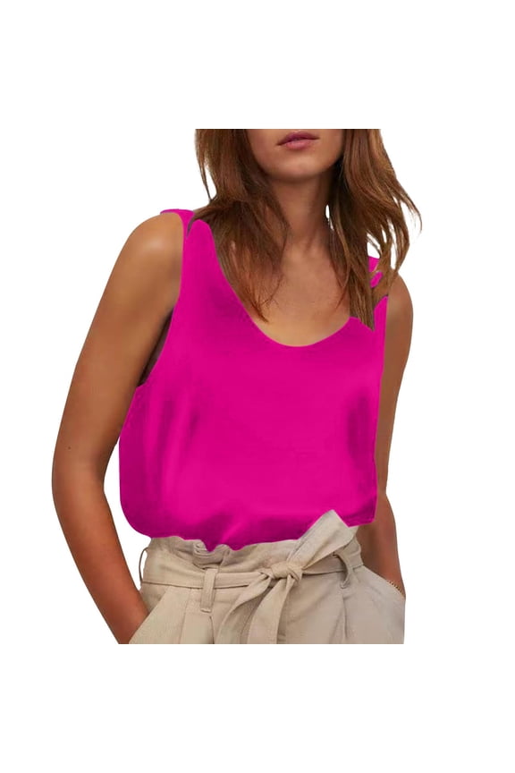 Womens Silk Satin Tank Tops V Neck Casual Cami Sleeveless Camisole Blouses Summer Basic Tank Shirt Hot Pink S