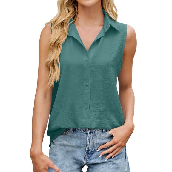 Holzkary Womens Sleeveless Button Down Shirt V Neck Casual Classic Collared Blouses Solid Basic Summer Work Office Tank Top Womens Sleeveless Tops V Neck Vest Summer Fashion Top Mint Green L