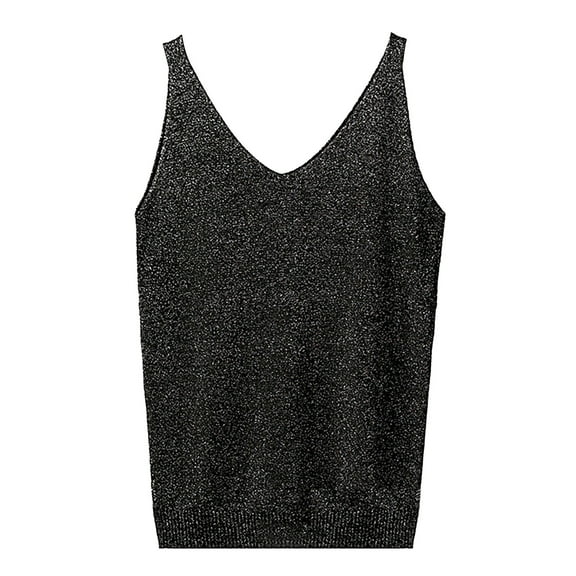 Holzkary Womens Sleeveless Sweater Vest Summer Casual V Neck Loose Knit Lightweight Pullover Tank Tops Women's Solid Color V Neck Sequin Camisol Black One Size