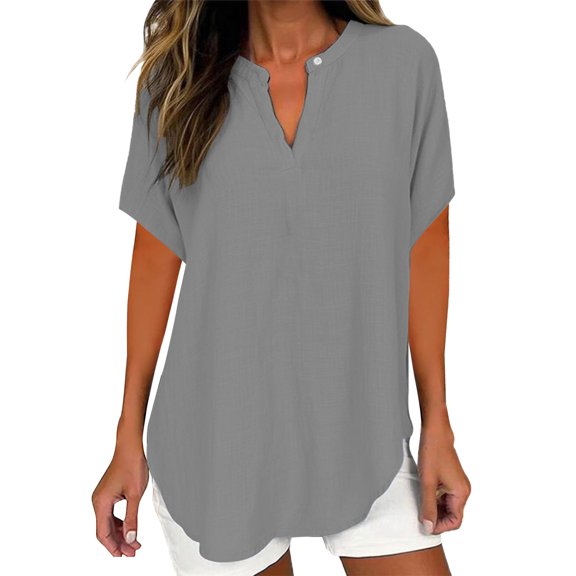 Holzkary Womens Summer Tops Casual Short Sleeve V Neck Shirts Business Dressy Work Blouses New Solid Color Shirt Small V Neck High End Short Sleeved T Shirt Trendy Versatile Casual Top Grey S