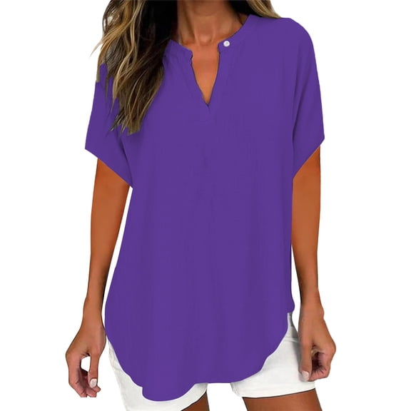 Holzkary Womens Summer Tops Casual Short Sleeve V Neck Shirts Business Dressy Work Blouses New Solid Color Shirt Small V Neck High End Short Sleeved T Shirt Trendy Versatile Casual Top Purple Xxl