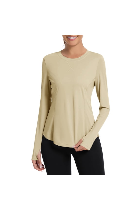 Womens Sun Protection Pullover Long Sleeve Solid Casual Tops Lightweight Quick Dry Hiking Workout Athletic Basic Tees Fitness Slim Fit with Fingertips Yoga Training Running Top Beige M