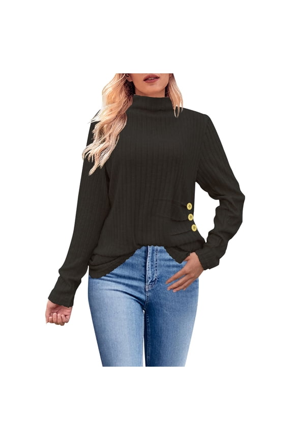 Womens Sweaters 2025 Turtleneck Cable Knit Long Sleeve Pullover Cute Fitted Trendy Basic Fall Tops Tshirts Solid Color Round Neck Long Sleeve Soft Sweaters Button Up Light Weight Black L