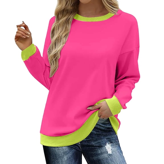 Holzkary Womens Sweatshirts Color Block Long Sleeve Tops Fall Casual Crewneck Shirts Trendy Loose Fit Tunics Top Loose Top Sweatshirt Crew Neck Loose Top with Color Decorative Edge Fashion Hot Pink L