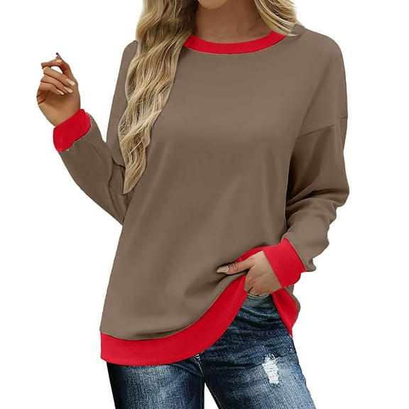 Holzkary Womens Sweatshirts Color Block Long Sleeve Tops Fall Casual Crewneck Shirts Trendy Loose Fit Tunics Top Loose Top Sweatshirt Crew Neck Loose Top with Color Decorative Edge Fashion Brown L