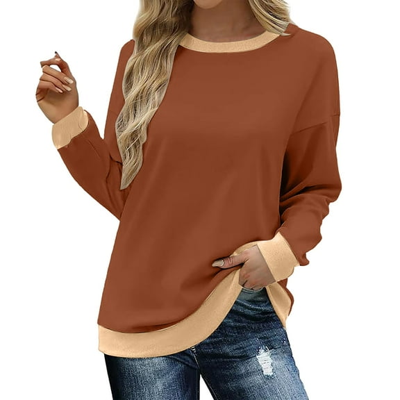 Holzkary Womens Sweatshirts Color Block Long Sleeve Tops Fall Casual Crewneck Shirts Trendy Loose Fit Tunics Top Loose Top Sweatshirt Crew Neck Loose Top with Color Decorative Edge Fashion Coffee S