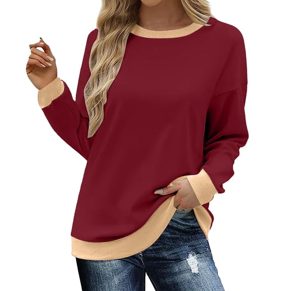 Holzkary Womens Sweatshirts Color Block Long Sleeve Tops Fall Casual Crewneck Shirts Trendy Loose Fit Tunics Top Loose Top Sweatshirt Crew Neck Loose Top with Color Decorative Edge Fashion Wine M