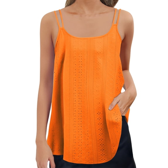 Holzkary Womens Tank Tops Eyelet Embroidery Sleeveless Camisole Summer Clothes Scoop Neck Flowy Shirts Summer Tank Tops Embroidery Sleeveless Loose Fit Neck Blouse Cute for Womens Trendy Orange M