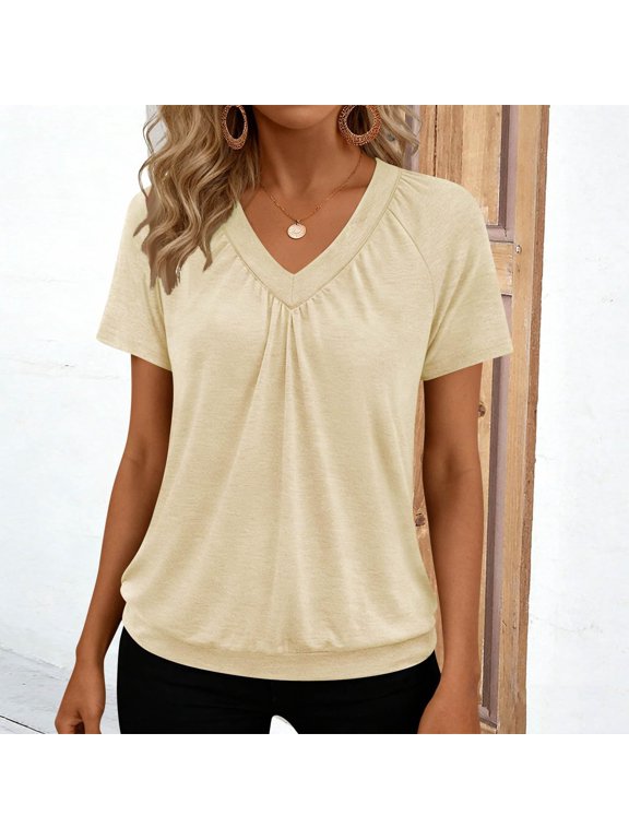Womens Tops Short Sleeve V Neck T Shirts Loose Ruched Top Summer Spring Beach Vacation Clothes Soft Summer Tops for Women T Shirts Clothes Trendy 2026 Pleated Front Shirt Blouse Tunic Top M