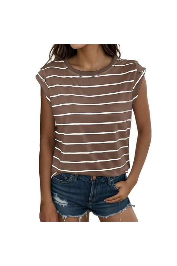 Womens Tops Summer Dressy Casual Raglan Cap Sleeve T Shirts Basic Tee Shirts Trendy 2025 Women's Summer Fashion Round Neck Loose Sleeveless Striped T Shirt Coffee L