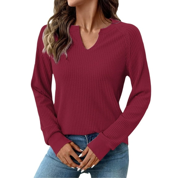 Holzkary Womens Tops Waffle Knit Long Sleeve Notched V Neck Shirts Casual Trendy Solid Color Loose Blouses Long Sleeve Shirts for Women Trendy V Neck Fall Tops Cute Casual Loose Sweatshirt Wine M