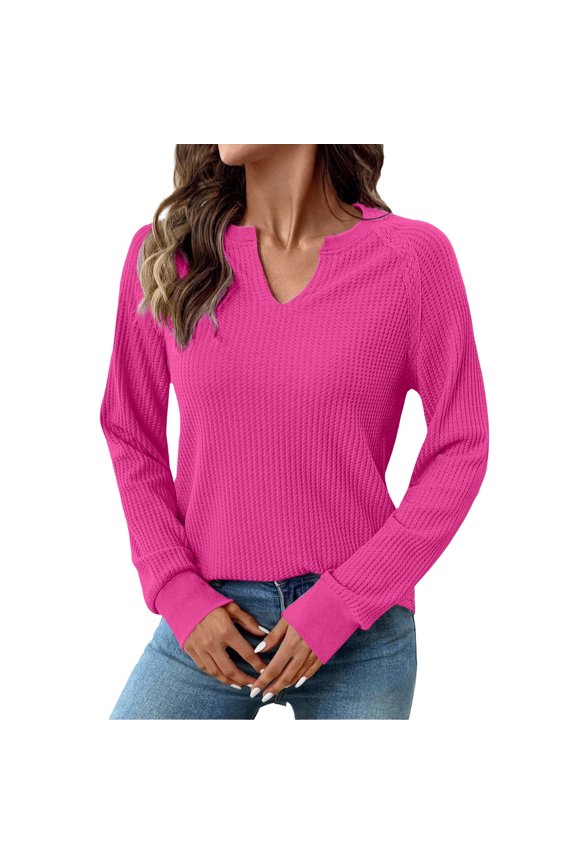 Womens Tops Waffle Knit Long Sleeve Notched V Neck Shirts Casual Trendy Solid Color Loose Blouses Long Sleeve Shirts for Women Trendy V Neck Fall Tops Cute Casual Loose Sweatshirt Hot Pink S