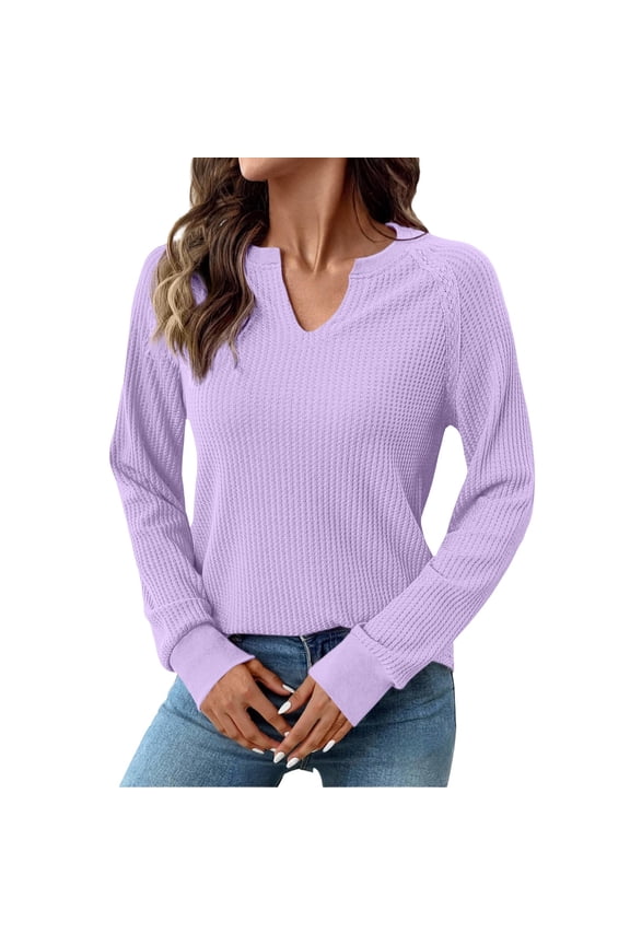 Womens Tops Waffle Knit Long Sleeve Notched V Neck Shirts Casual Trendy Solid Color Loose Blouses Shirts for Women Trendy V Neck Fall Tops Cute Casual Loose Sweatshirt Light Violet S