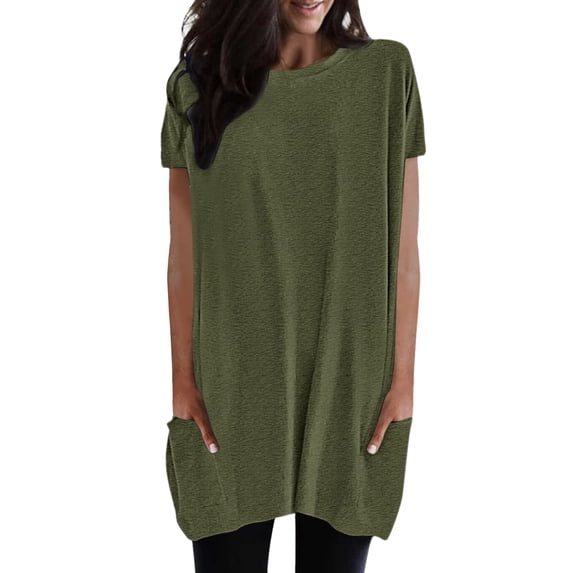 Holzkary Womens Tunic Tops for Leggings Summer Short Sleeve Casual Long T Shirts Fashion Oversized Crew Neck Tops with Pockets 2025 New Army Green L