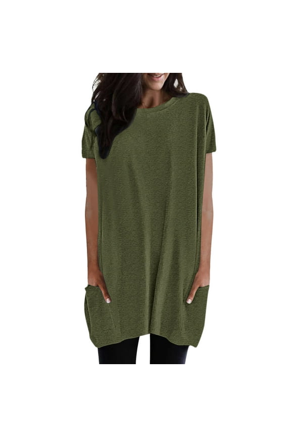 Womens Tunic Tops for Leggings Summer Short Sleeve Casual Long T Shirts Fashion Oversized Crew Neck Tops with Pockets 2025 New Army Green L