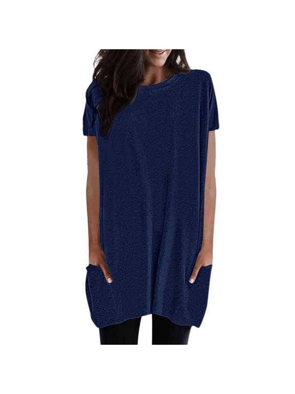 Womens Tunic Tops for Leggings Summer Short Sleeve Casual Long T Shirts Fashion Oversized Crew Neck Tops with Pockets 2025 New Blue S