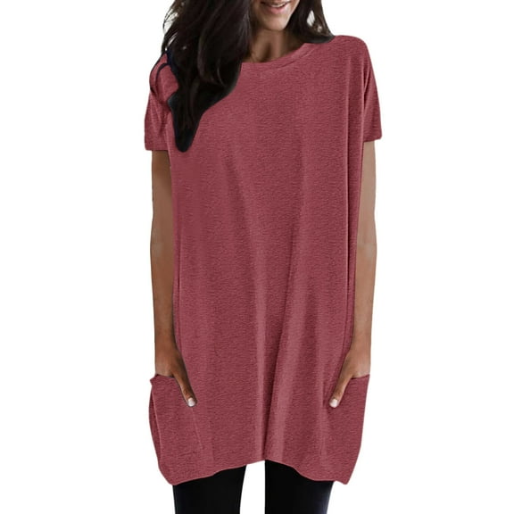 Holzkary Womens Tunic Tops for Leggings Summer Short Sleeve Casual Long T Shirts Fashion Oversized Crew Neck Tops with Pockets 2025 New Hot Pink Xl