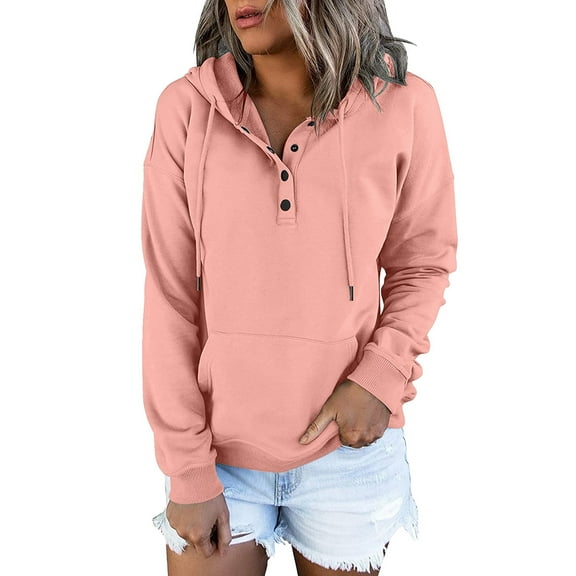 Holzkary Womens V Neck Button Down Hoodies Shirt Oversized Long Sleeve Hooded Henley Shirt Drawstring Pullover Tops Long Down for Pocket Sweatshirts Pullover Sleeve Button V Neck & Sweatshirts Pink Xl