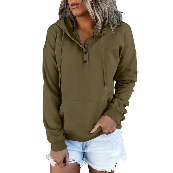 Holzkary Womens V Neck Button Down Hoodies Shirt Oversized Long Sleeve Hooded Henley Shirt Drawstring Pullover Tops Pullover V Neck Sweatshirts Army Green 4Xl