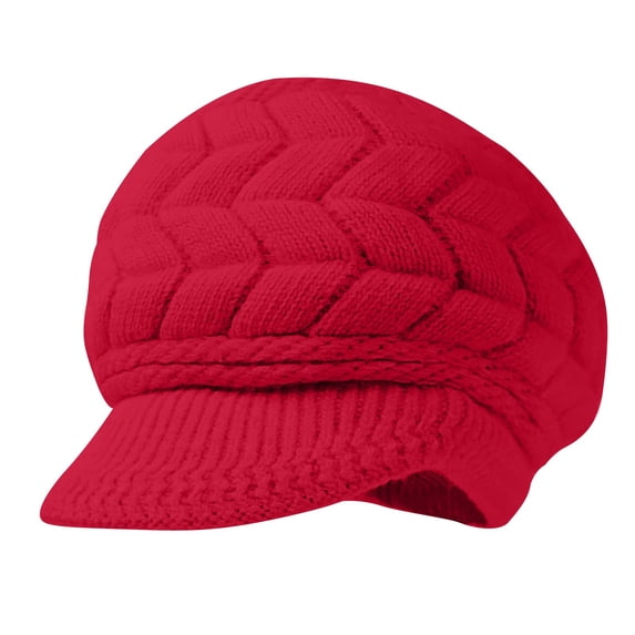 Holzkary Womens Winter Beret Hats Brimmed Thick Warm Cable‑Knit Woven Texture Elastic Soft Ear Protection Visor Beanie Hat Snow Ski Caps Chunky Soft Slouchy Cap Red One Size