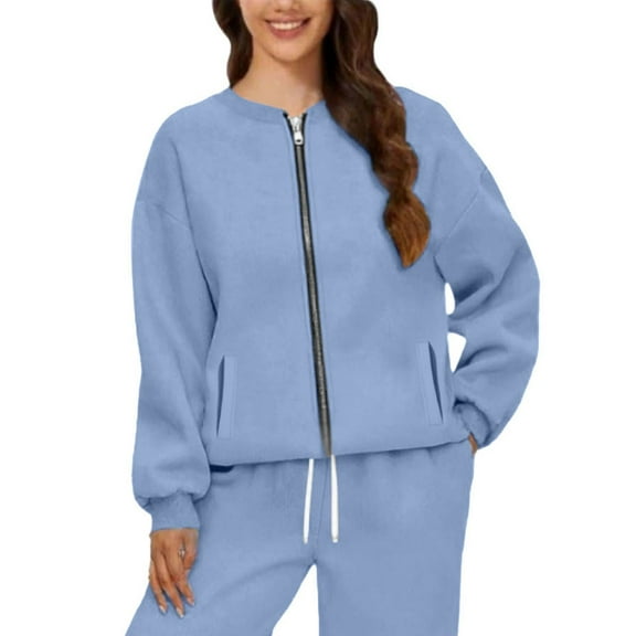 Holzkary Zip Up Cardigan Sweatshirts for Women Sweatshirts with Pocket Long Sleeve Cute Hoodie Clothes Graphic Printed Pullover Top Comfy Fall Winter Outfits Clothes 2025 Fashion Light Blue L