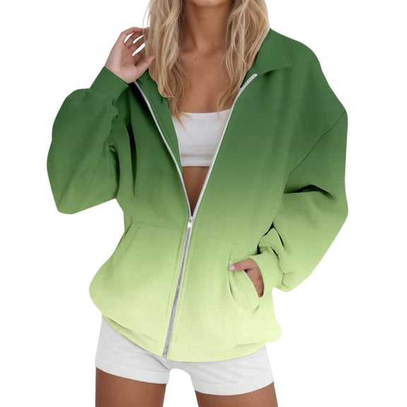 Holzkary Zip Up Hoodie Women Oversize Zip Sports Sweatshirt Jacket Lightweight Sports Jacket Gradient Color Long Sleeve Sweatshirts Fall Outfits 2025 O Versized Hoodies Casual Fashion Jackets Green L