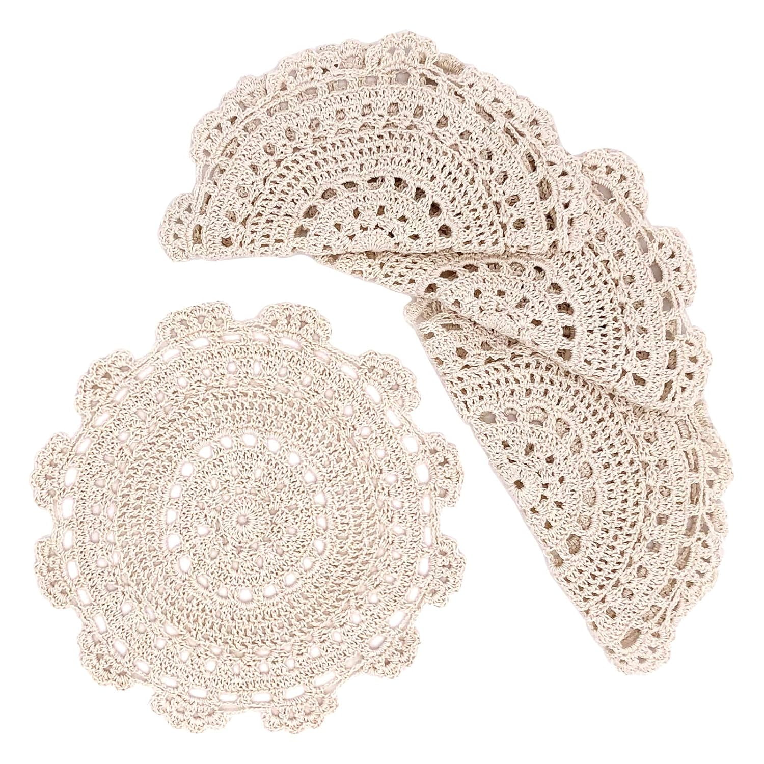 Holzlrgus 10 Inch Handmade Crochet Round Cotton Lace Table Placemats Doilies Pack of 4, Beige