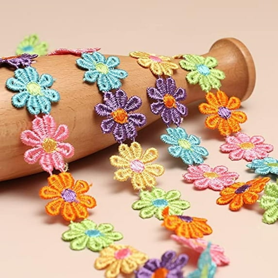 Holzlrgus 15 Yards 2.5cm Width Daisy Flower Trim Ribbon Embroidery Lace Colorful Daisy Flower Lace Flower Applique Sewing Dressmaking Edging Trimmings Flower Decorating Lace Sewing Craft Lace