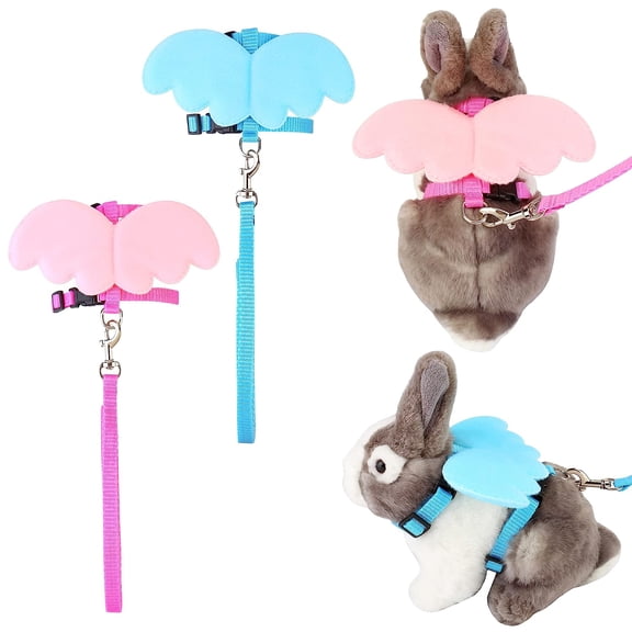 Holzlrgus 2 Pack Adjustable Rabbit Bunny Harness and Leash Set with Wings - Vest Harness for Rabbit Ferret Bunny Kitten Guinea Pig Walking (XS/Blue and Pink)