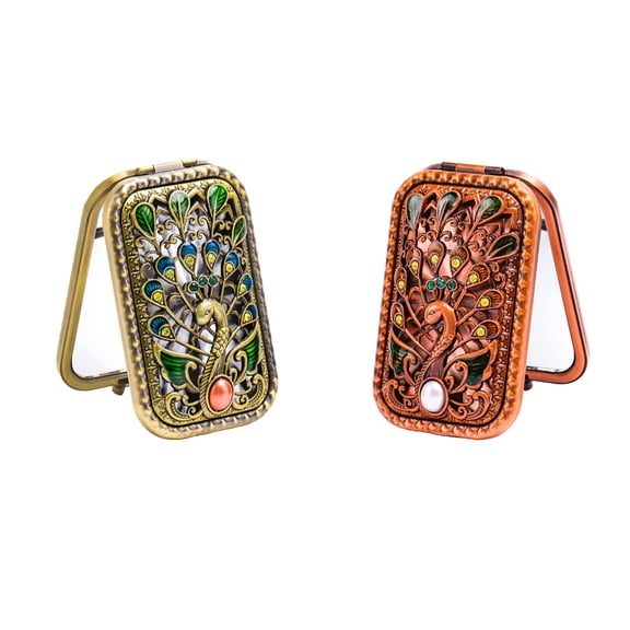 Holzlrgus 2 Pcs Vintage Makeup Mirror Metal Portable Foldable Mirror Peacock Vanity Mirror Double Sided Compact Cosmetic Mirror Travel Mirror (Set B)