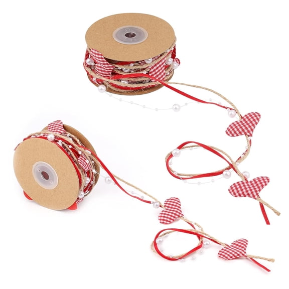 Holzlrgus 2 Rolls 5.47 Yards Valentine's Day Heart Beads Ribbons, Burlap Stain Red Plaid Heart Garland Decorations for Valentine's Day Thanksgiving Day Christmas Wedding Crafts Packaging (Red)