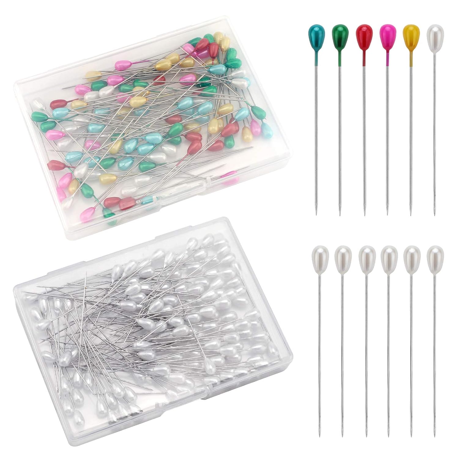 Holzlrgus 200 Pieces Long Teardrop Pearl Pins Straight Corsage Pins Sewing Pins Boutonniere Pins for Sewing Craft Wedding Decorations (White, Multicolor)