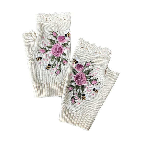 Holzlrgus 2Pcs/1pair Handmade Embroidery Gloves Women's Knit Gloves Flower Gloves Hand Knit Fingerless Adult Gloves White