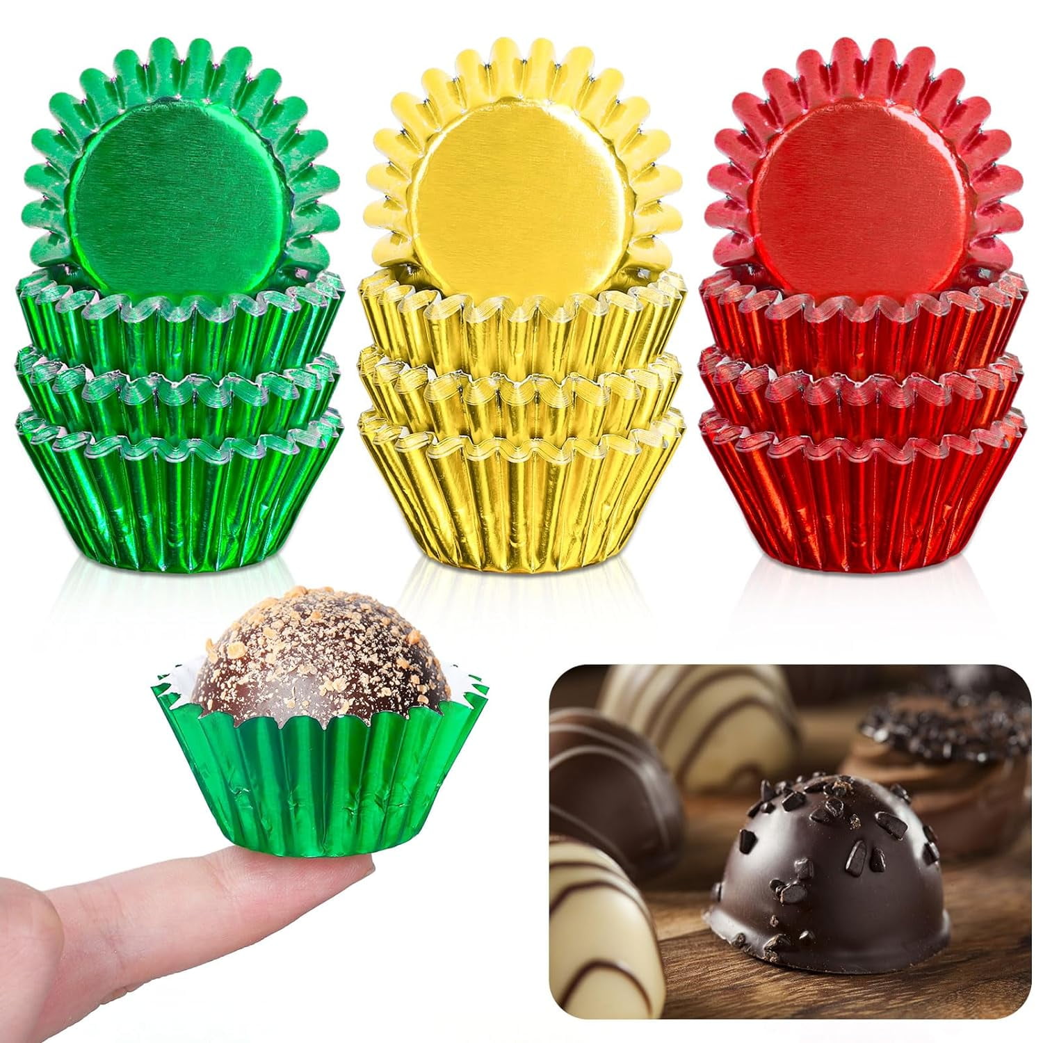Holzlrgus 300Pcs Christmas Mini Cupcake Liners Golden Red Green Bake Cup Foil Metallic Cupcake