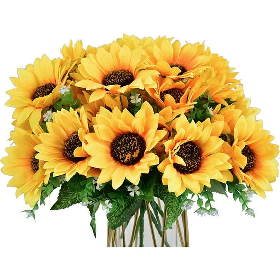 Holzlrgus 4 Bunches Bouquet Artificial Sunflower Floral Arrangement,28 Flowers,Faux Sunflower Bouquet for Home Decoration Wedding Decor