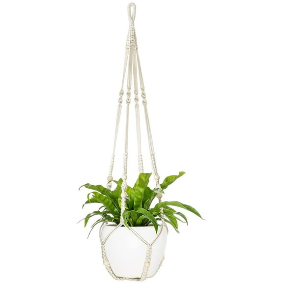 Holzlrgus 43 Inch Macrame Plant Hanger Large for up to 12 Inch Pot Extra Long Hanging Plant Holder No Tassels Hanging Planter Basket with Wood Beads for Indoor Outdoor Boho Home Decor, Ivory