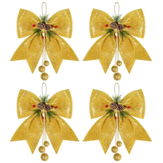 Holzlrgus 4pcs Christmas Bow, Gold Wreaths Bows, Large Glitter Ribbon Bow Tie, Large Xmas Bows, Wreath Ornament Decor for Christmas Tree Party Gift, 9.8 x 11.8